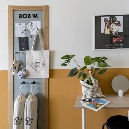 a desk with a plant on it