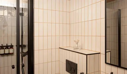 a shower with a small shelf