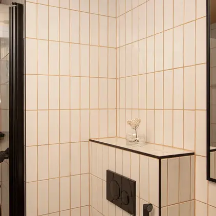 a shower with a small shelf