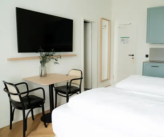 a room with a tv and a bed