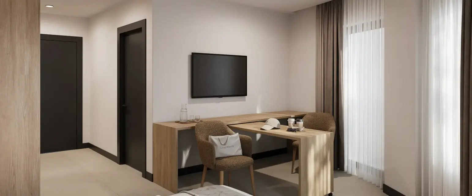 a room with a tv and a table