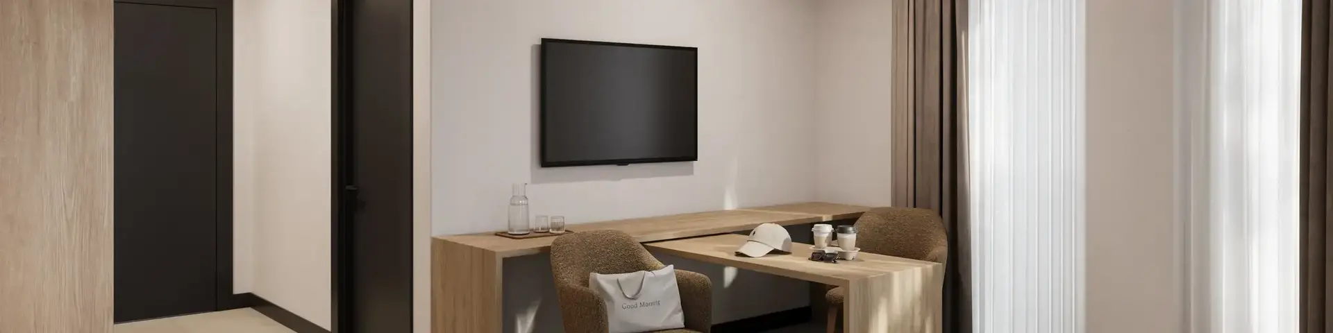 a room with a tv and a table