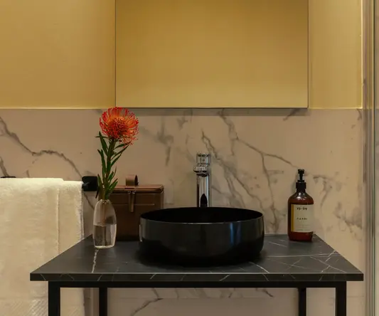 a black sink on a marble counter