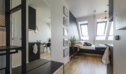 a room with a bed and a mirror