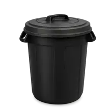 a black plastic trash can with a lid
