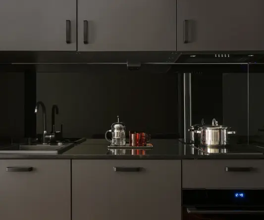 a kitchen with black cabinets and black appliances