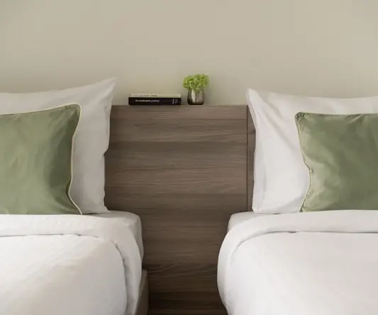 two beds with pillows and a vase of flowers on top of them