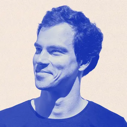 a man in a blue shirt