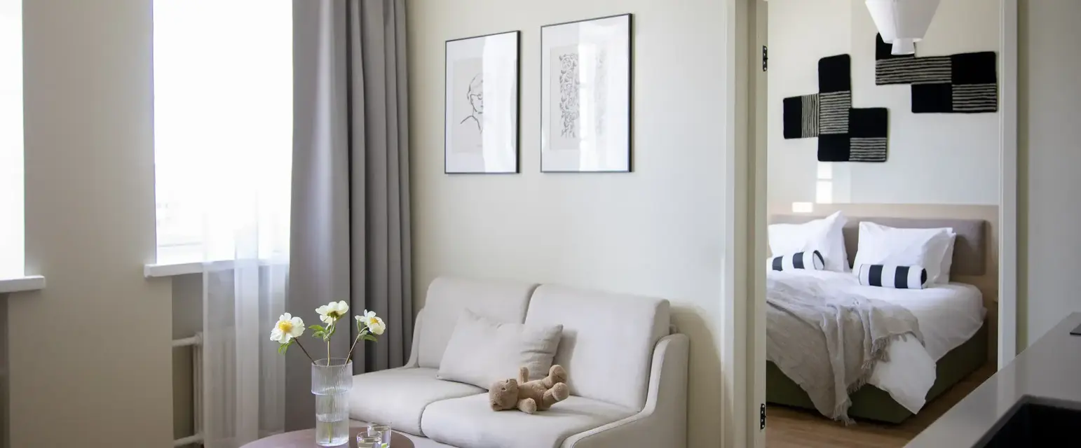 a room with a couch and a table