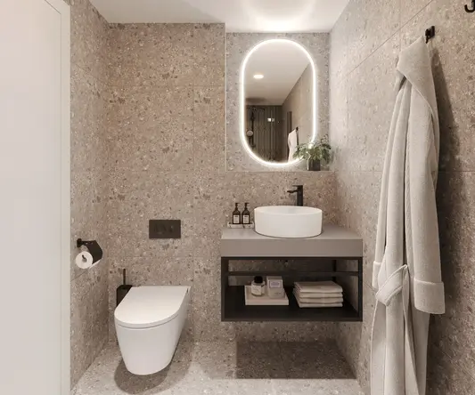 a bathroom with a sink toilet and a mirror