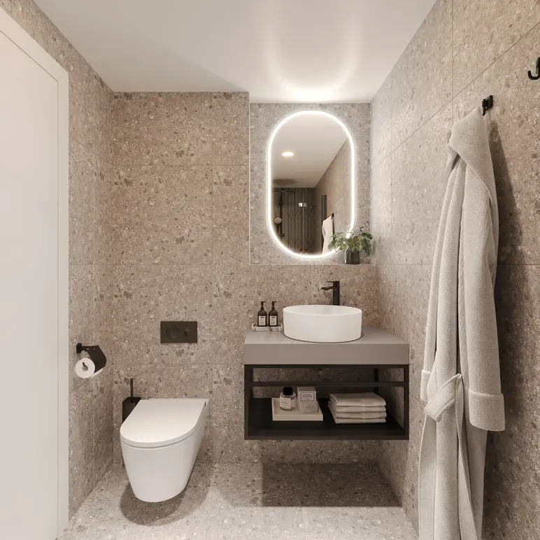 a bathroom with a sink toilet and a mirror