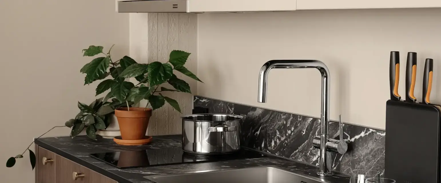 a kitchen counter with a sink and a plant