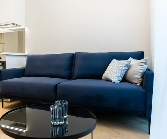 a blue couch in a room