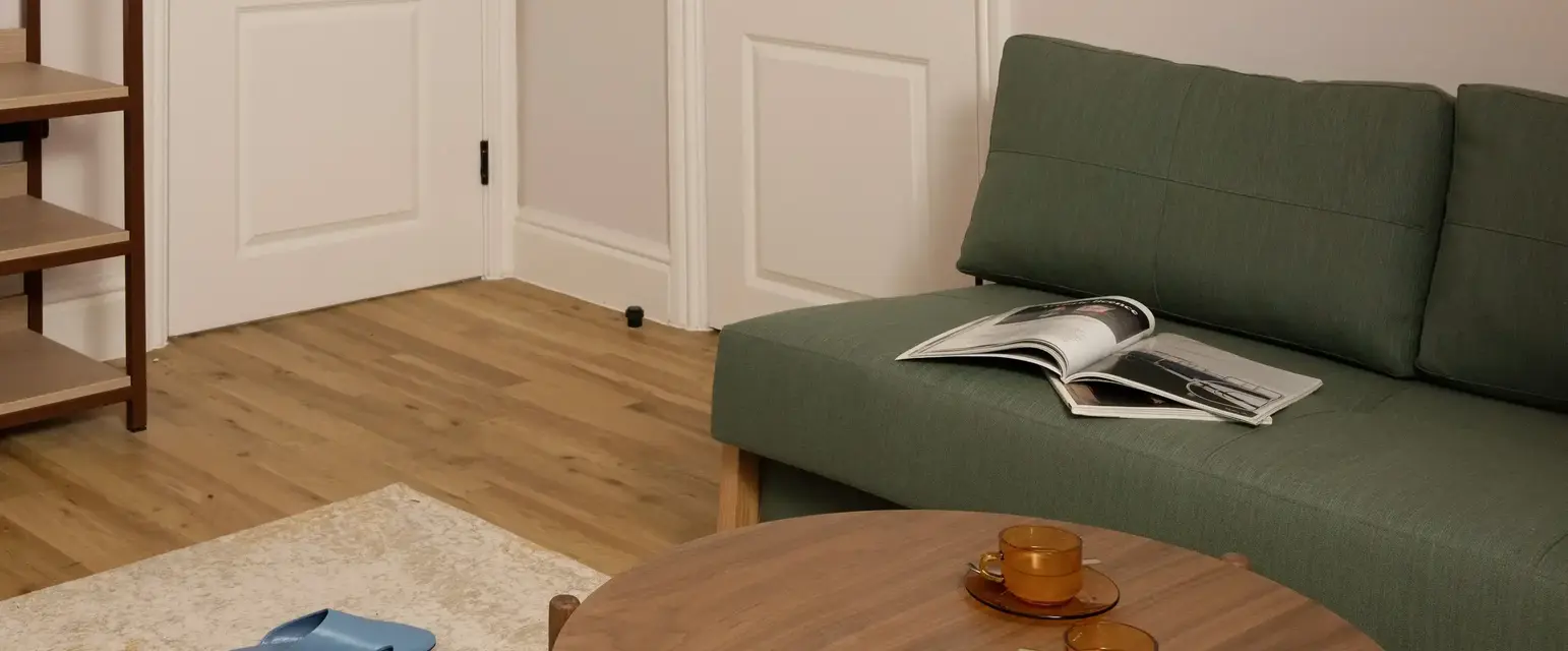 a couch and coffee table in a room