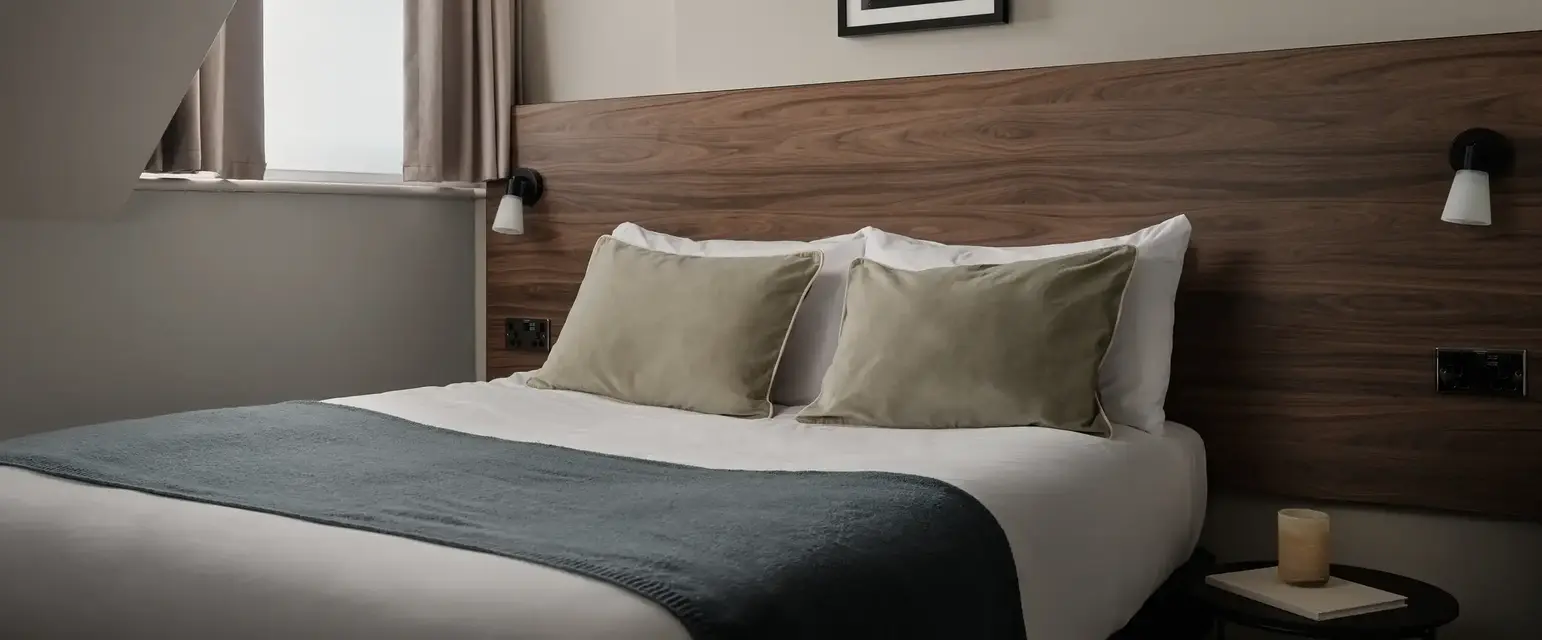 a bed with a wood headboard and a picture on the wall