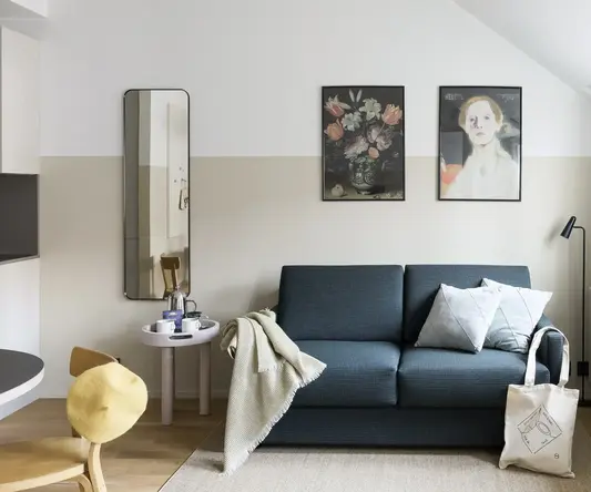 a room with a couch and a table