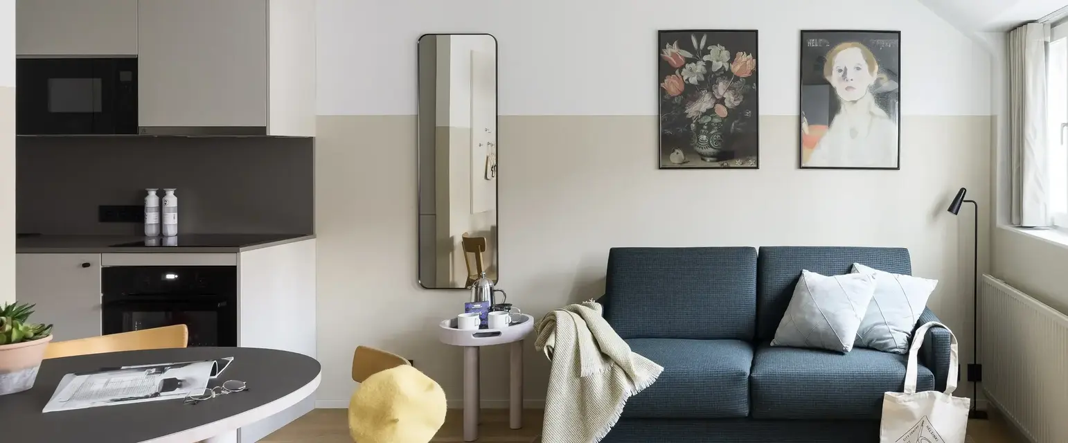 a room with a couch and a table