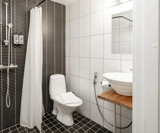 a bathroom with a shower and toilet