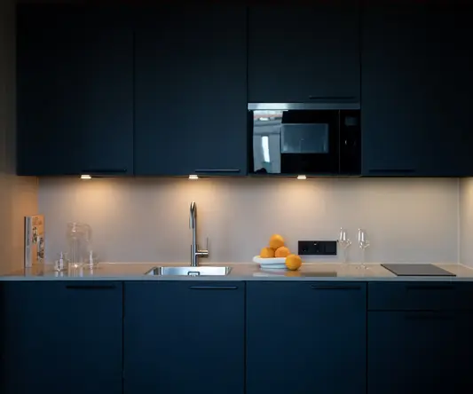 a kitchen with black cabinets and a white sink