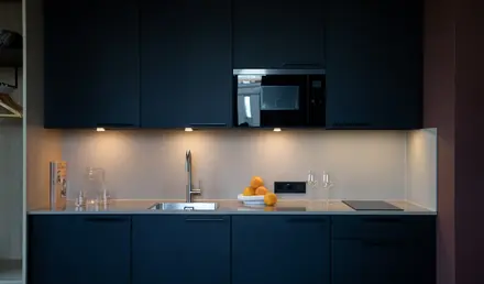 a kitchen with black cabinets and a white sink