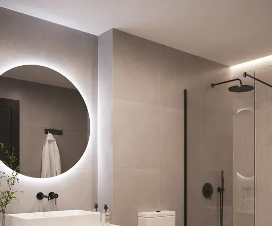 a bathroom with a mirror and sink