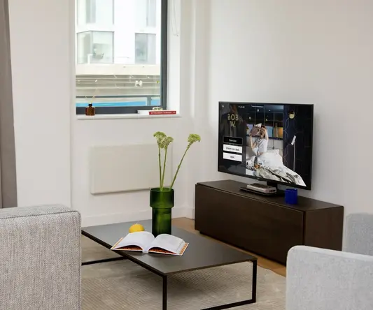 a living room with a television and a couch