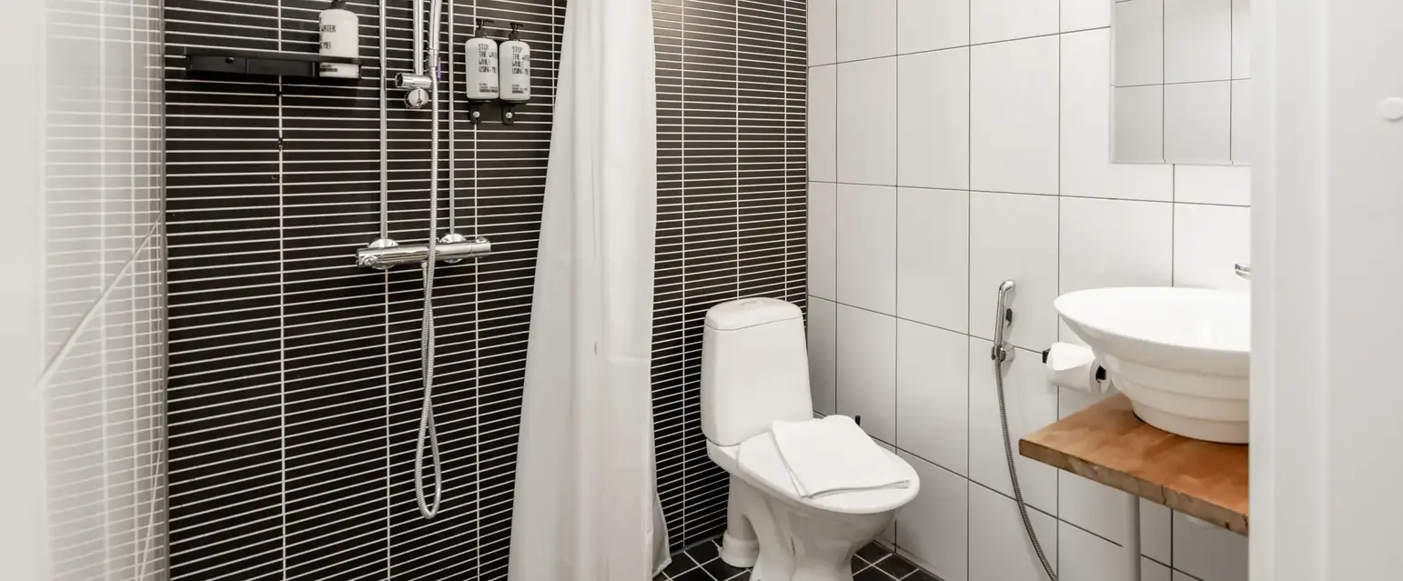 a bathroom with a shower and toilet