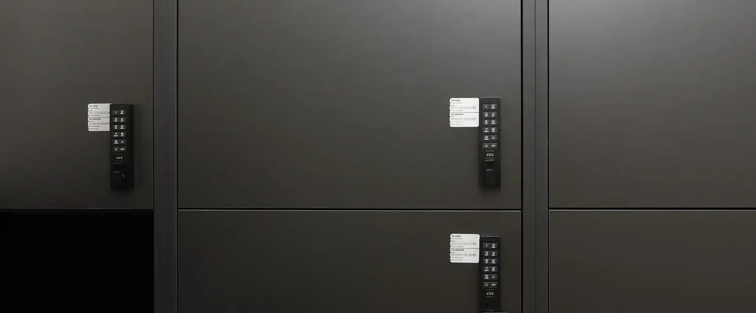 a black locker with a white label