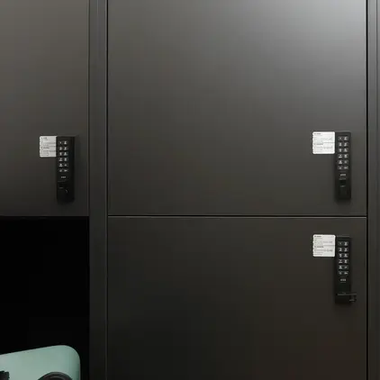 a black locker with a white label