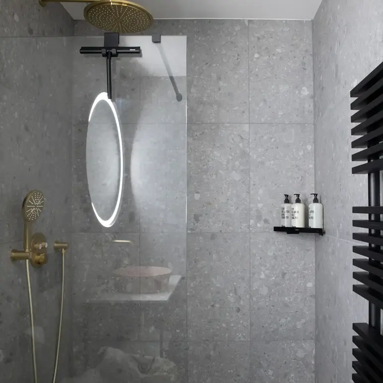 a shower with a glass door