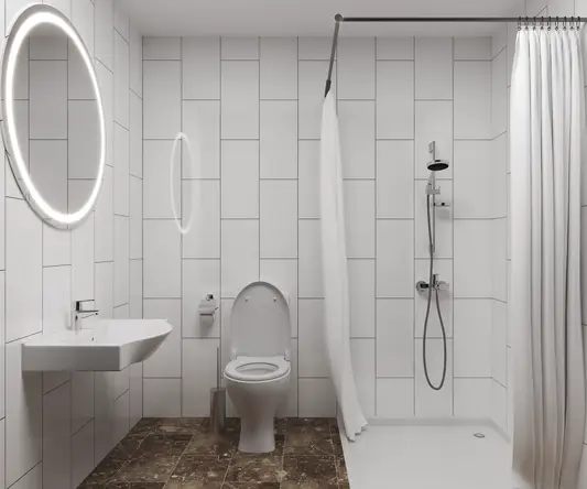 a bathroom with a shower and toilet