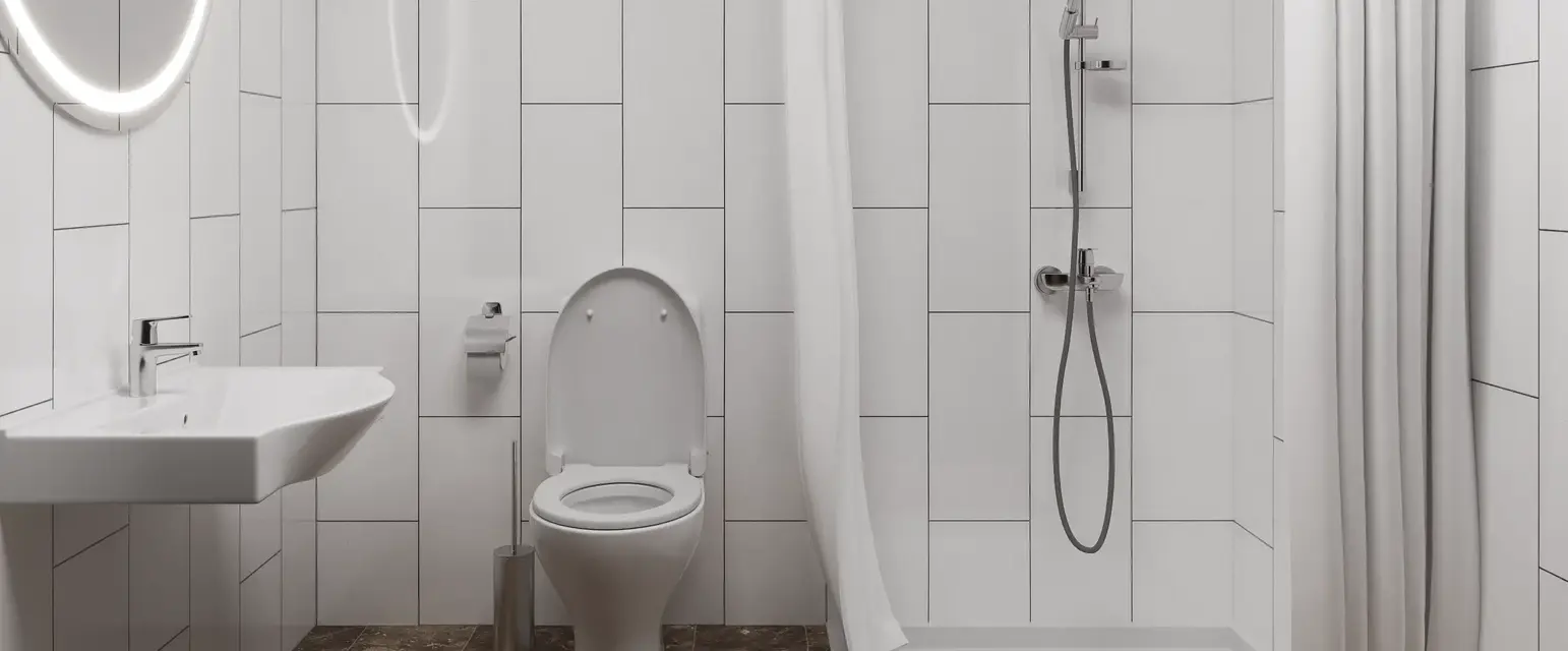 a bathroom with a shower and toilet