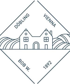 a logo with a house and hills