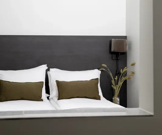 a bed with pillows and a plant on the side