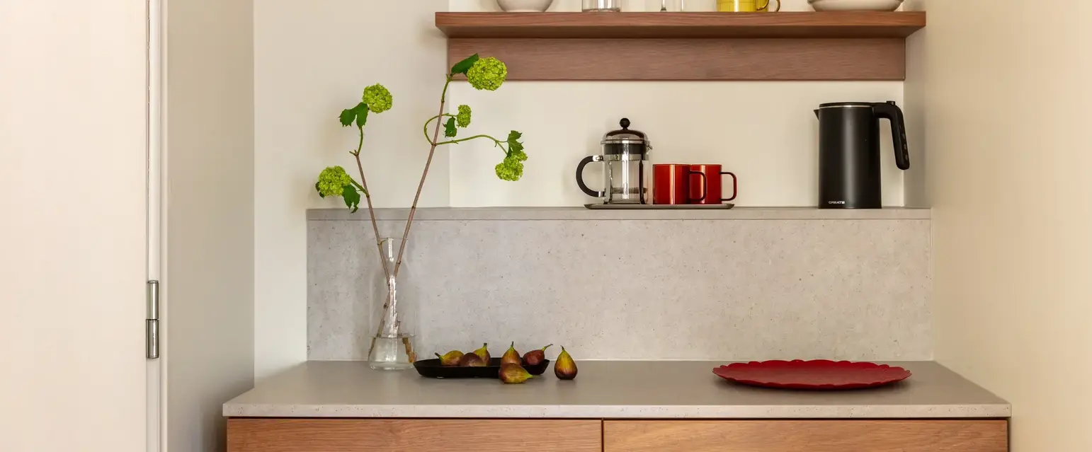 a kitchen counter with a red plate and a plant on it
