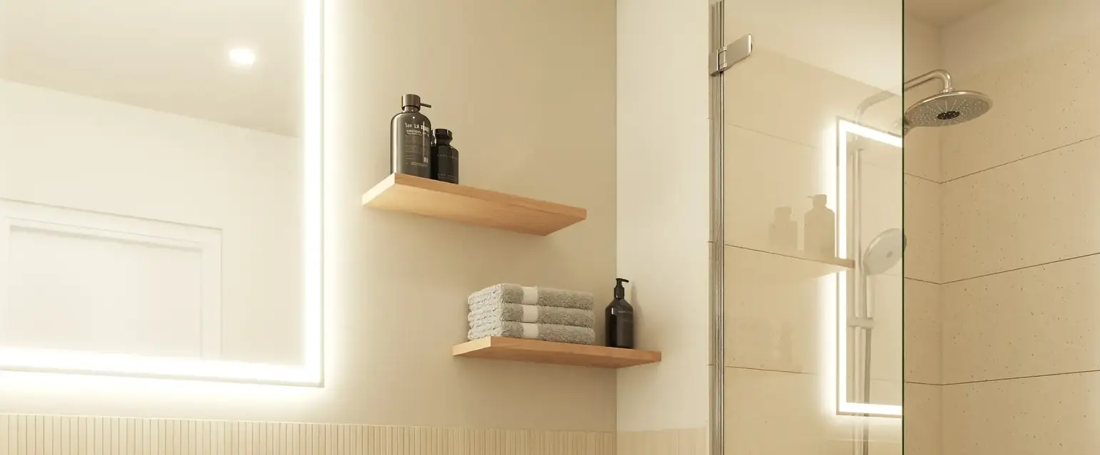 a bathroom with a glass shower and a toilet