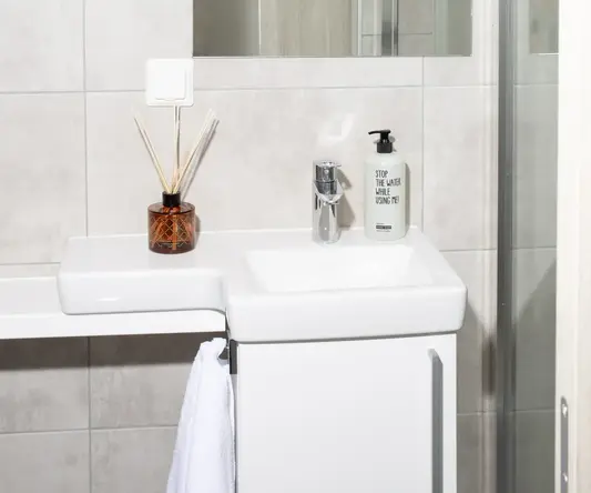 a bathroom with a mirror and a sink