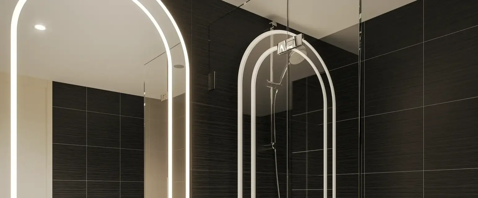 a bathroom with a mirror and sink