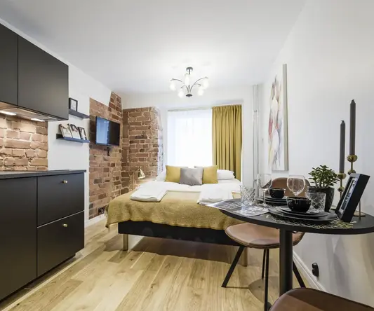 a room with a bed and a table