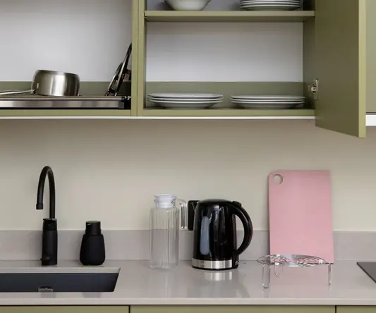 a kitchen cabinets with dishes and glasses