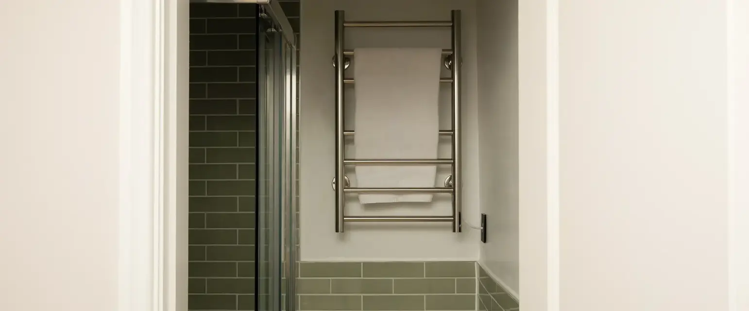 a bathroom with a towel rack