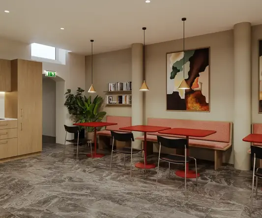 a room with a table and chairs