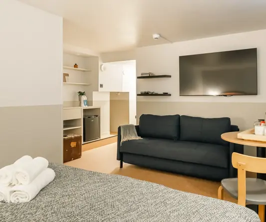 a room with a couch and tv