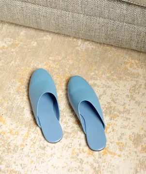 a pair of blue slippers on a carpet