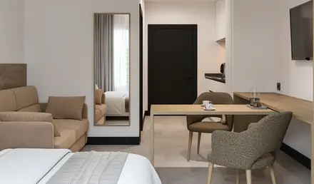 a room with a table and chairs