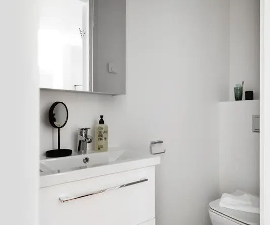 a bathroom with a sink and mirror