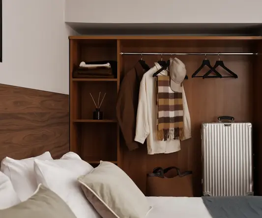 a room with a closet and a suitcase