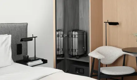 a room with a closet and a chair