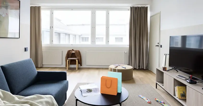 a living room with a couch and a coffee table
