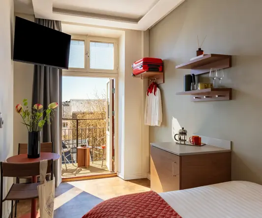 a room with a television and a table